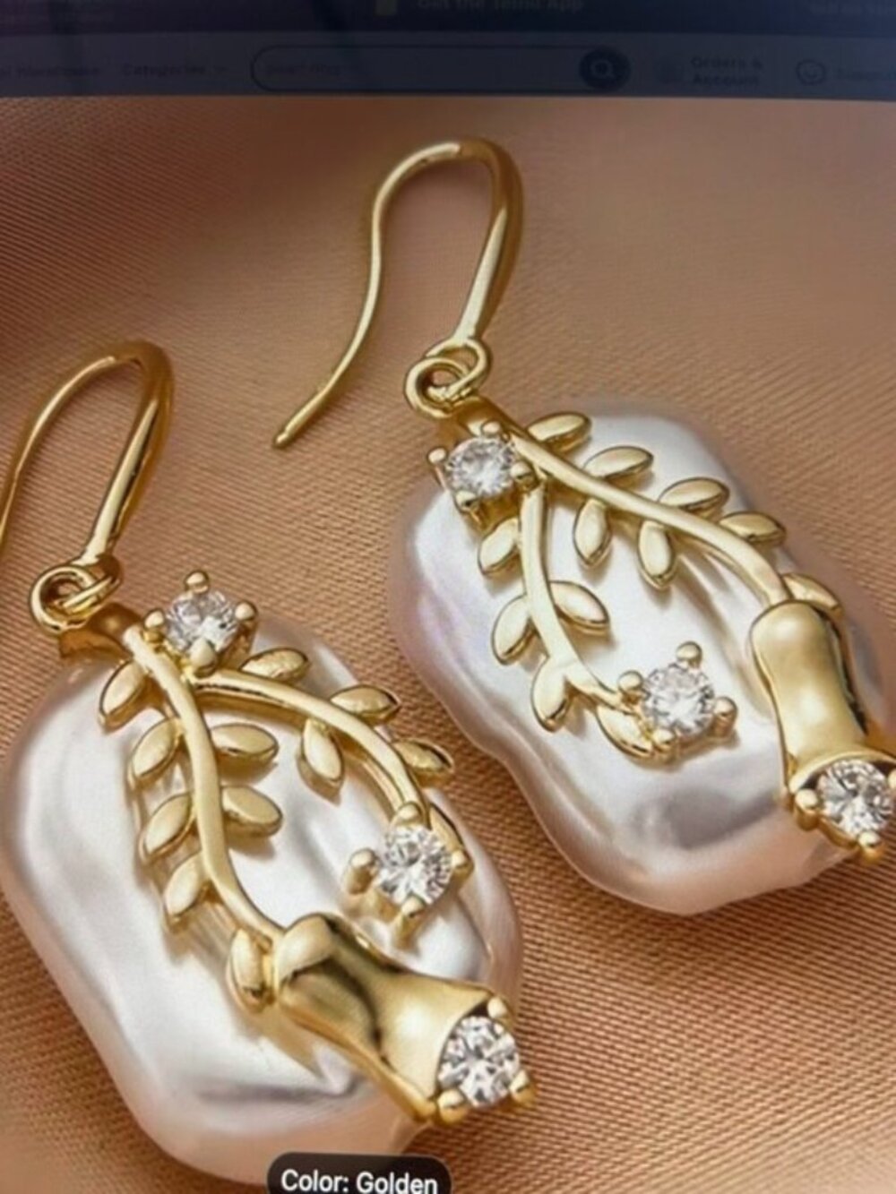 New! Beautiful Baroque Freshwater Pearl & Goldtone Leaf Earrings  ~1.75" Long